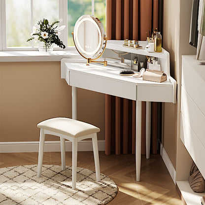 Modern Corner Makeup Vanity Desk With Large Storage, LED Mirror & Stool, Adjustable Brightness, Space Saving - White
