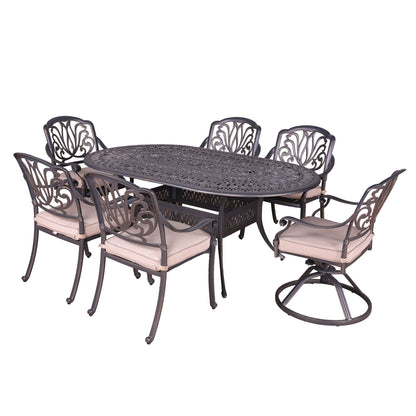 Oval 6 Person 72" Long Aluminum Dining Set Sunbrella With Cushions - Gray / Ivory