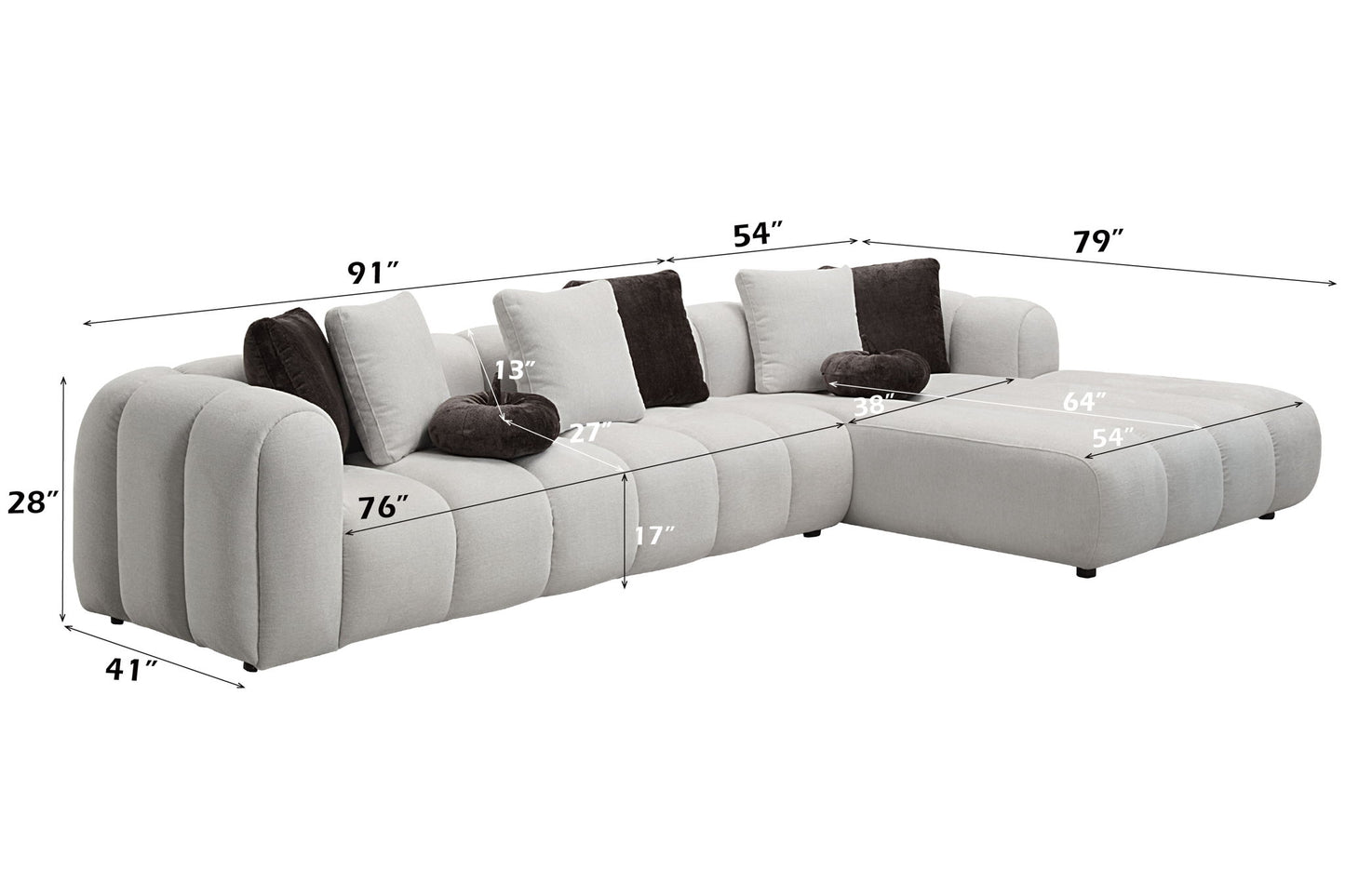 Manilla - Sectional Sofa With 8 Pillows - Ivory White