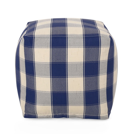 Connor - Checkered Square Pouf Ottoman And Floor Cushion - Ivory / Navy