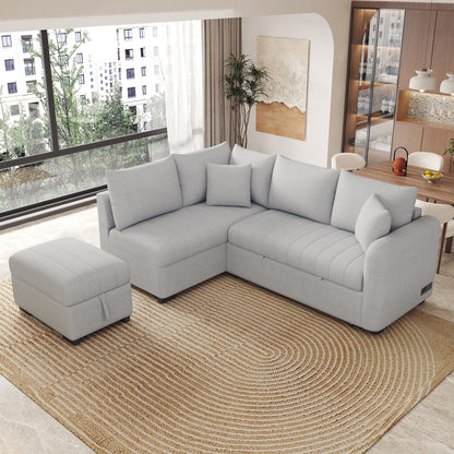 L-Shaped Sectional Pull Out Sofa Bed Sleeper Sofa With Two USB Ports, Two Power Sockets And A Movable Storage Ottoman