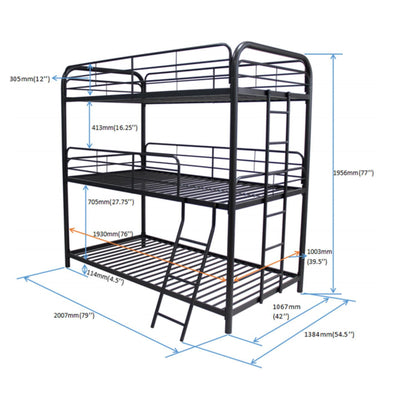 Modern Triple Bunk Bed, Durable Metal Frame
