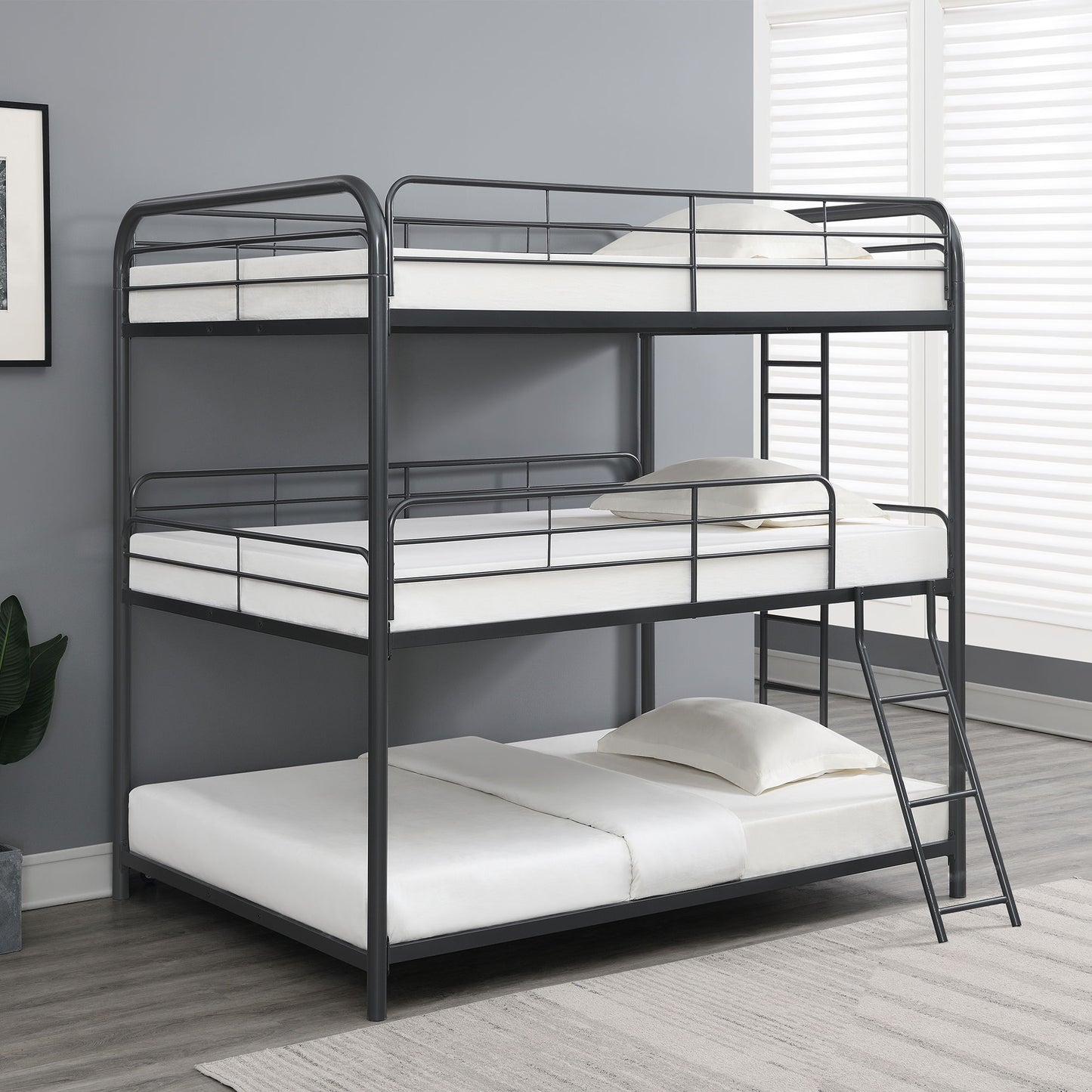 Triple Bunk Bed, Full Size With Sturdy Metal Frame And Safe Stairs - Black