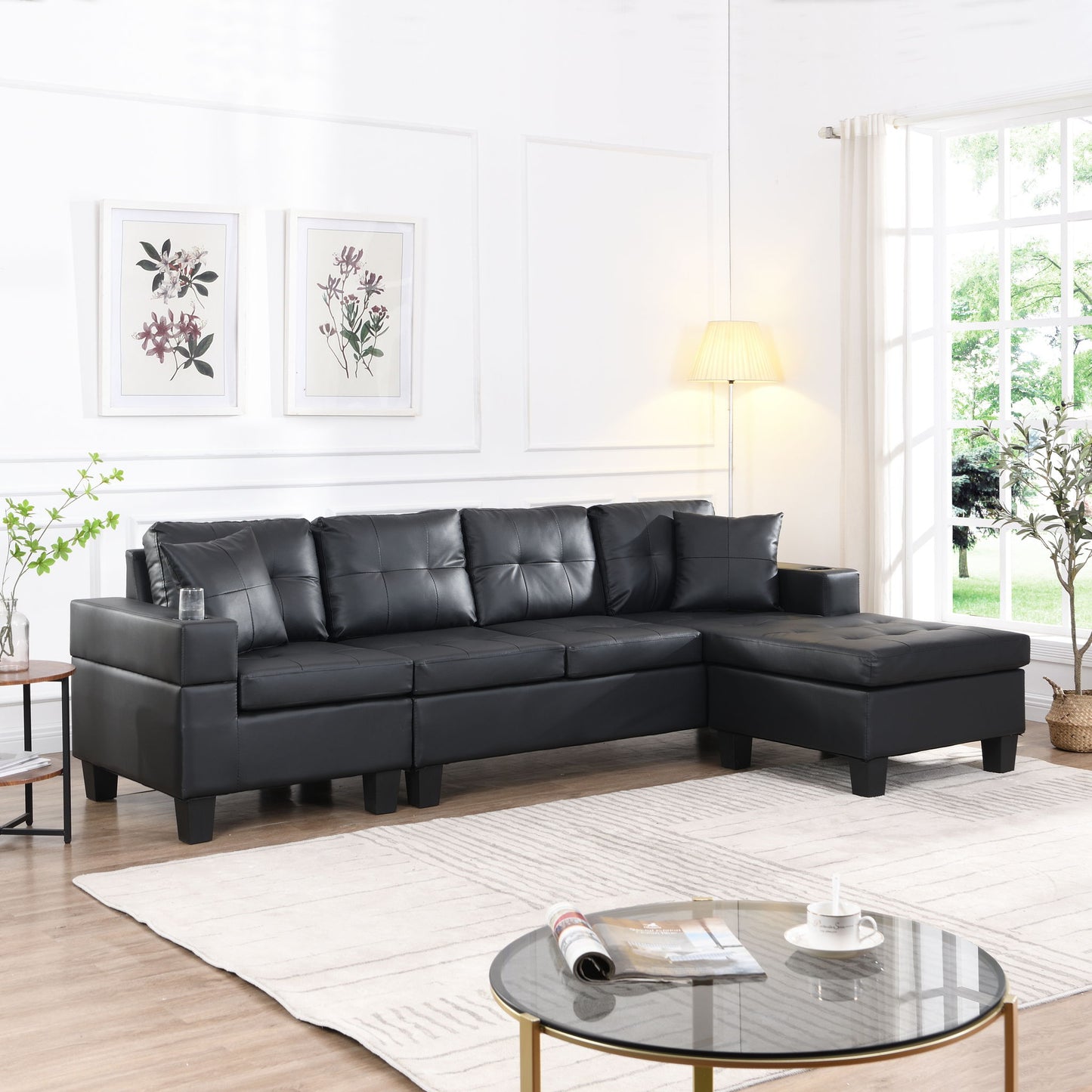 Modern Sectional Sofa Set With L Shape Chaise Lounge, Cup Holder, 4 Seat - Black