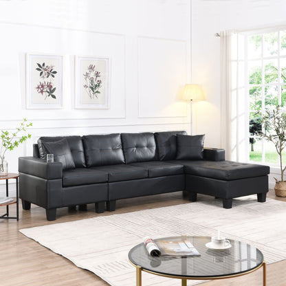 Modern Sectional Sofa Set With L Shape Chaise Lounge, Cup Holder, 4 Seat - Black