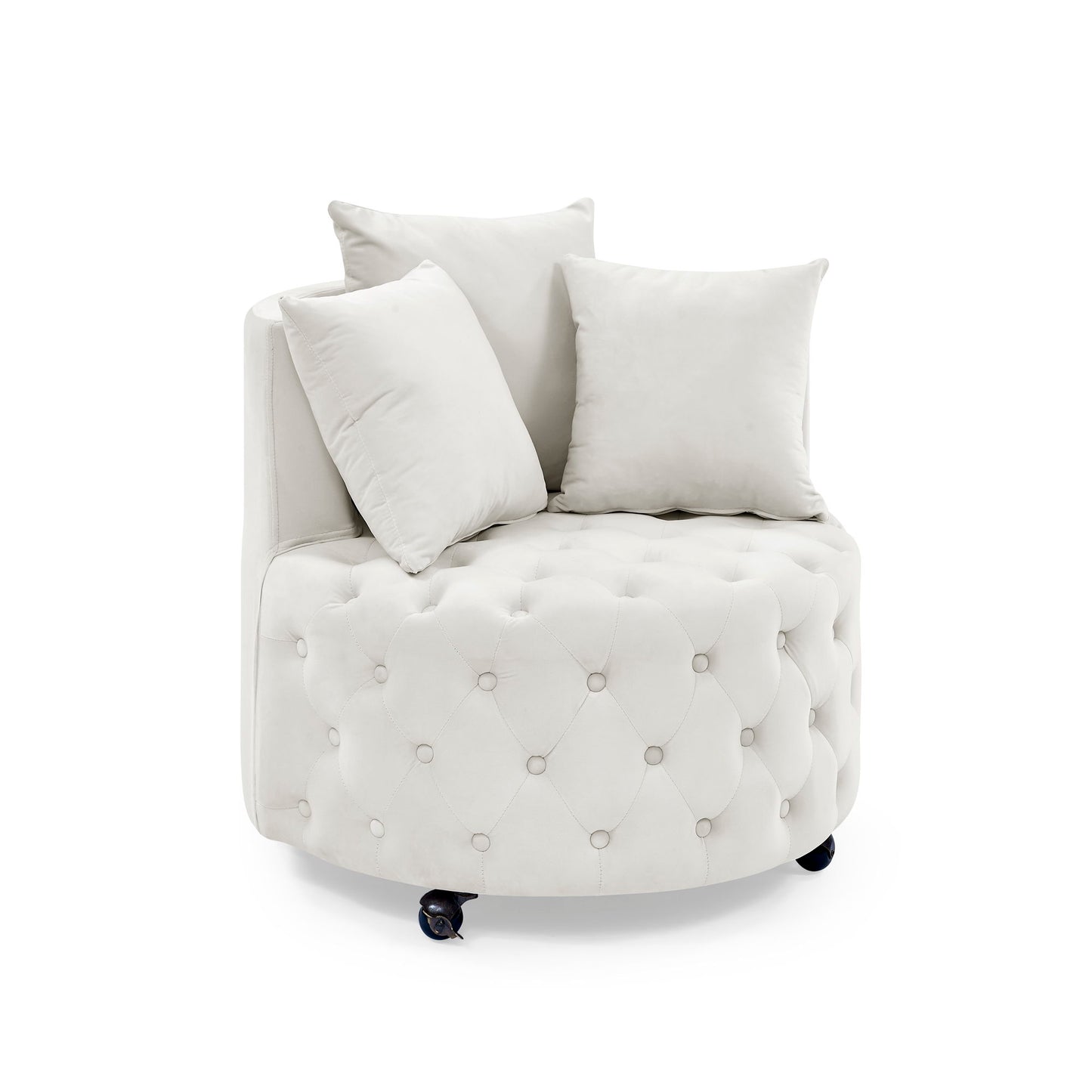 Modern Upholstered Swivel Chair With Button Tufted Design And Movable Wheels