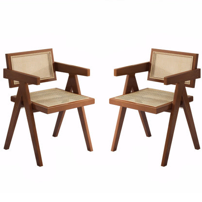 Modern Mid Century Dining Chairs (Set of 2), Rattan Accent Chairs, Comfy Armchairs, Outdoor Wood Chairs With Armrest - Walnut