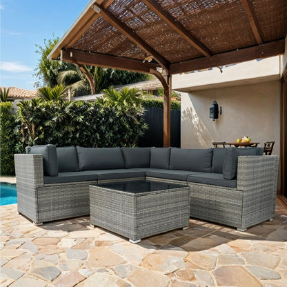 6 Pieces PE Rattan Sectional Outdoor Furniture Cushioned Sofa Set Wicker - Gray