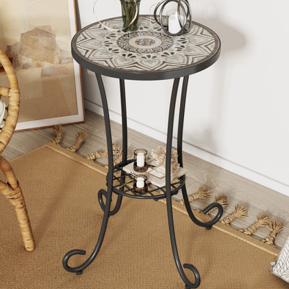 Ceramic Tile And Iron Patio Side Table With Shelf