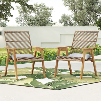 Acacia Wood Cape Woven Wicker Large Lounge Chair With Pillow For Patio, Deck, Yard, Lawn And Garden Seating Wicker (Set of 2) - Teak