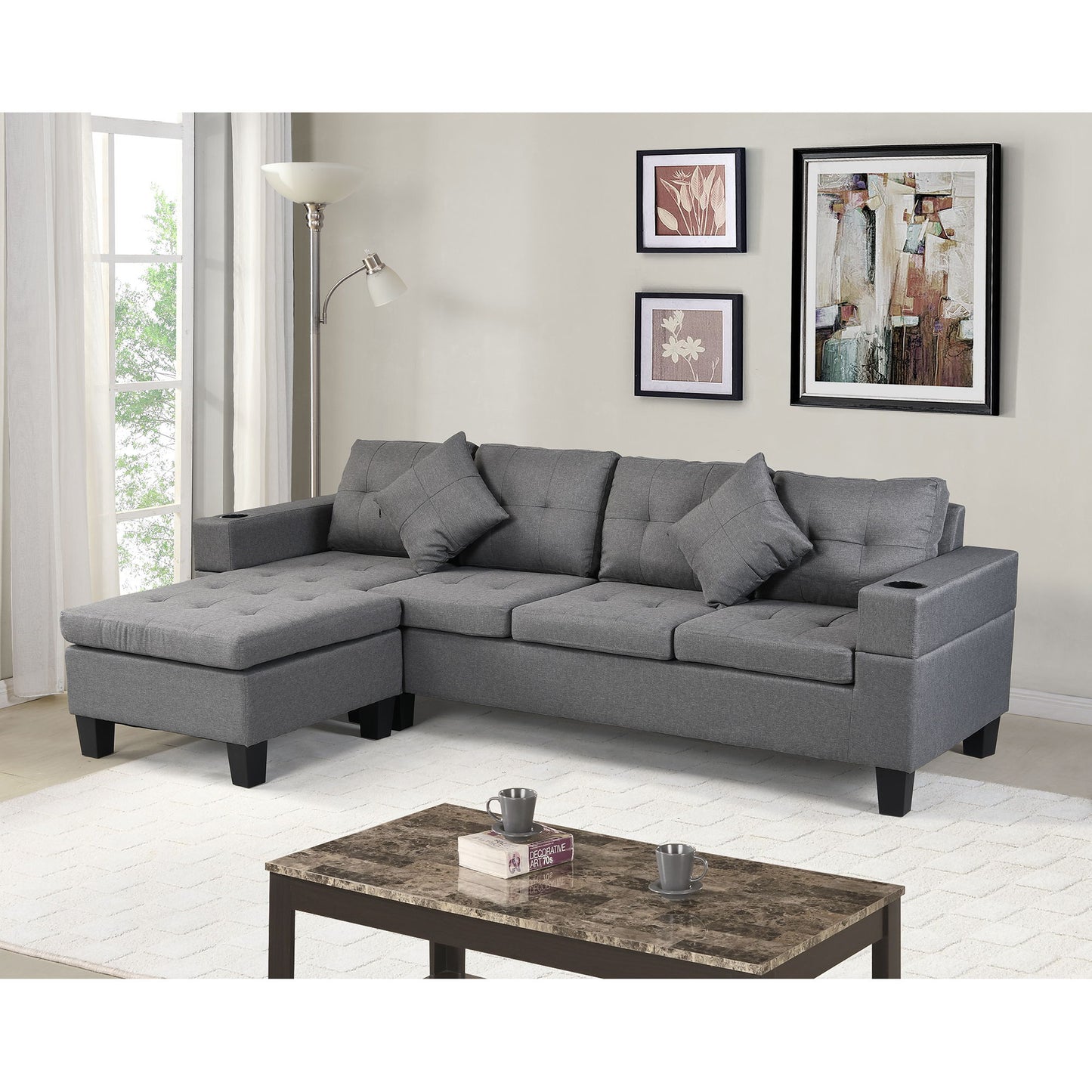 Sectional Sofa Set For Living Room With L Shape Chaise Lounge, Cup Holder And Left Or Right Hand Chaise Modern 4 Seat - Gray