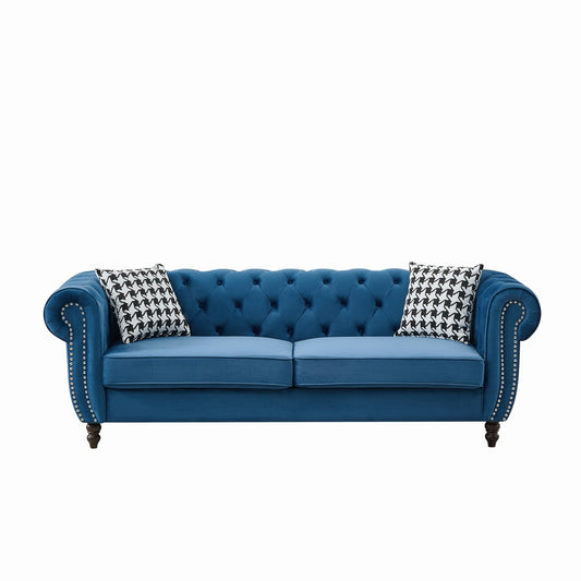 Mid Century Chesterfield Velvet Fabric Sofa With Roll Armrest & Nailhead, Blue, 87 Inches