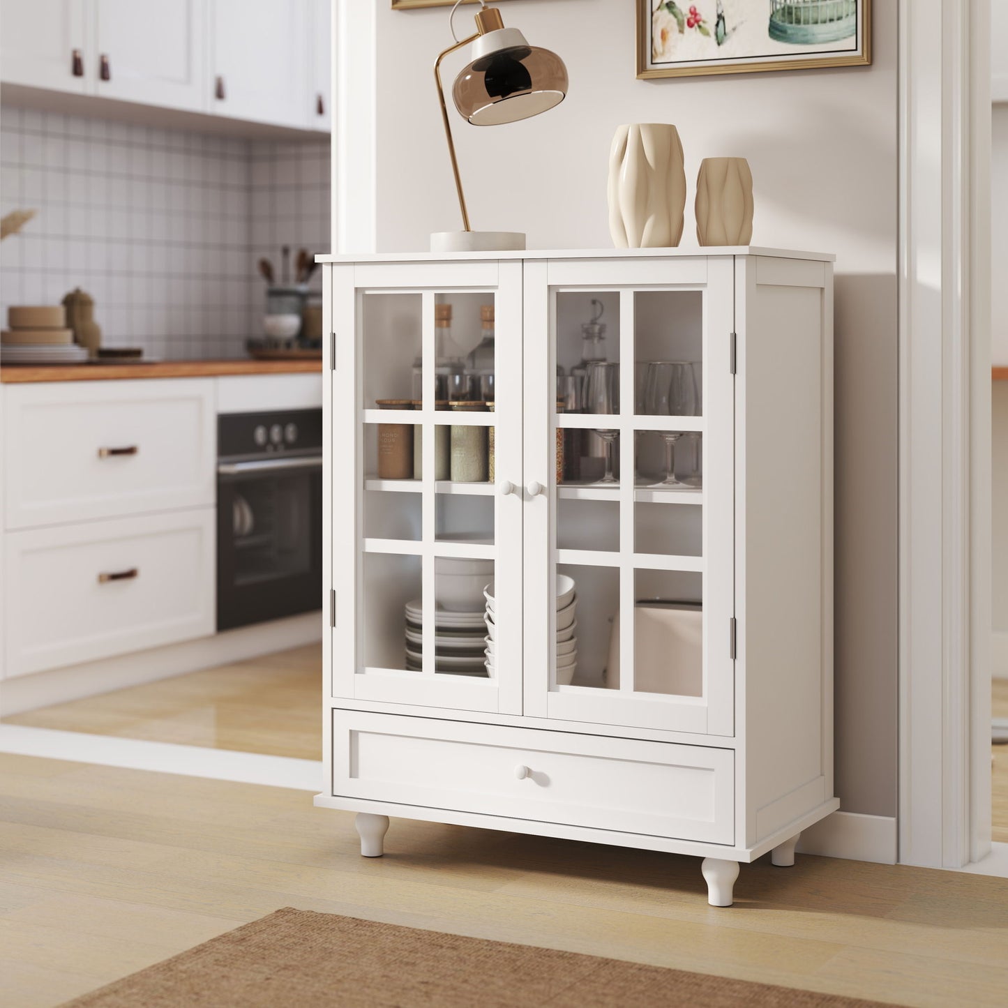 Minimalist Buffet Cabinet With Double Glass Doors And Drawer