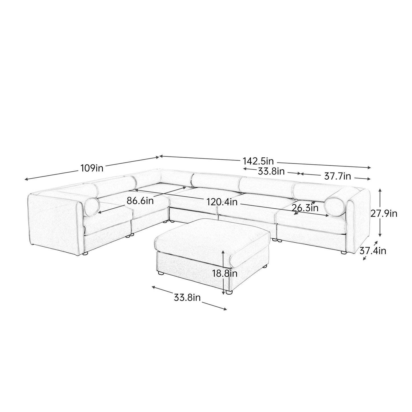 Contemporary Elegant White Chenille Sofa With Storage And Ottoman