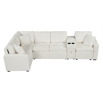 Contemporary L Shaped Convertible Sofa Bed With Pull Out Bed, Cup Holders, And Storage