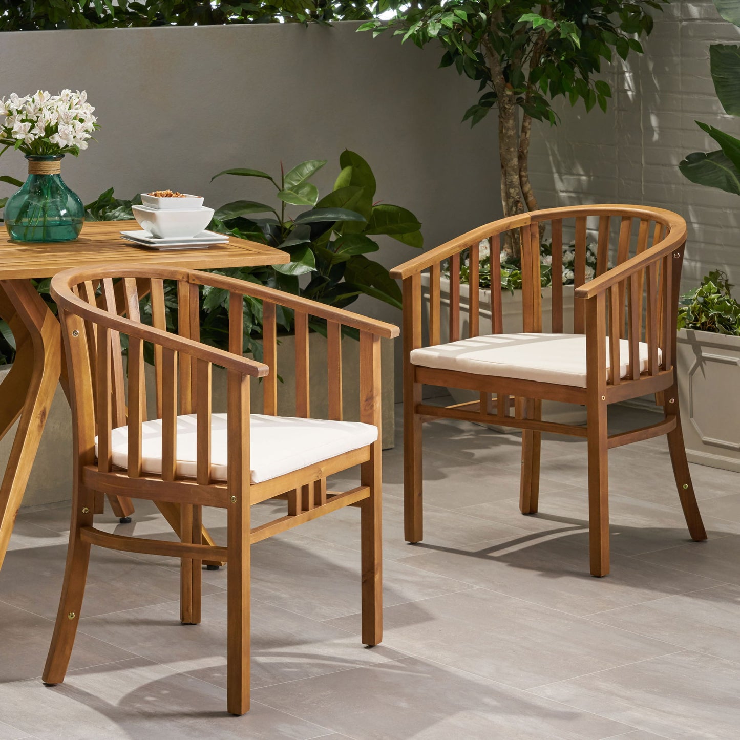 Outdoor Wooden Dining Chairs With Cushions (Set of 2)