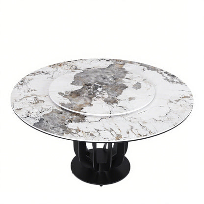 Round Dining Table With Carbon Steel Base And Lazy Susan Industrial Style - Black / White