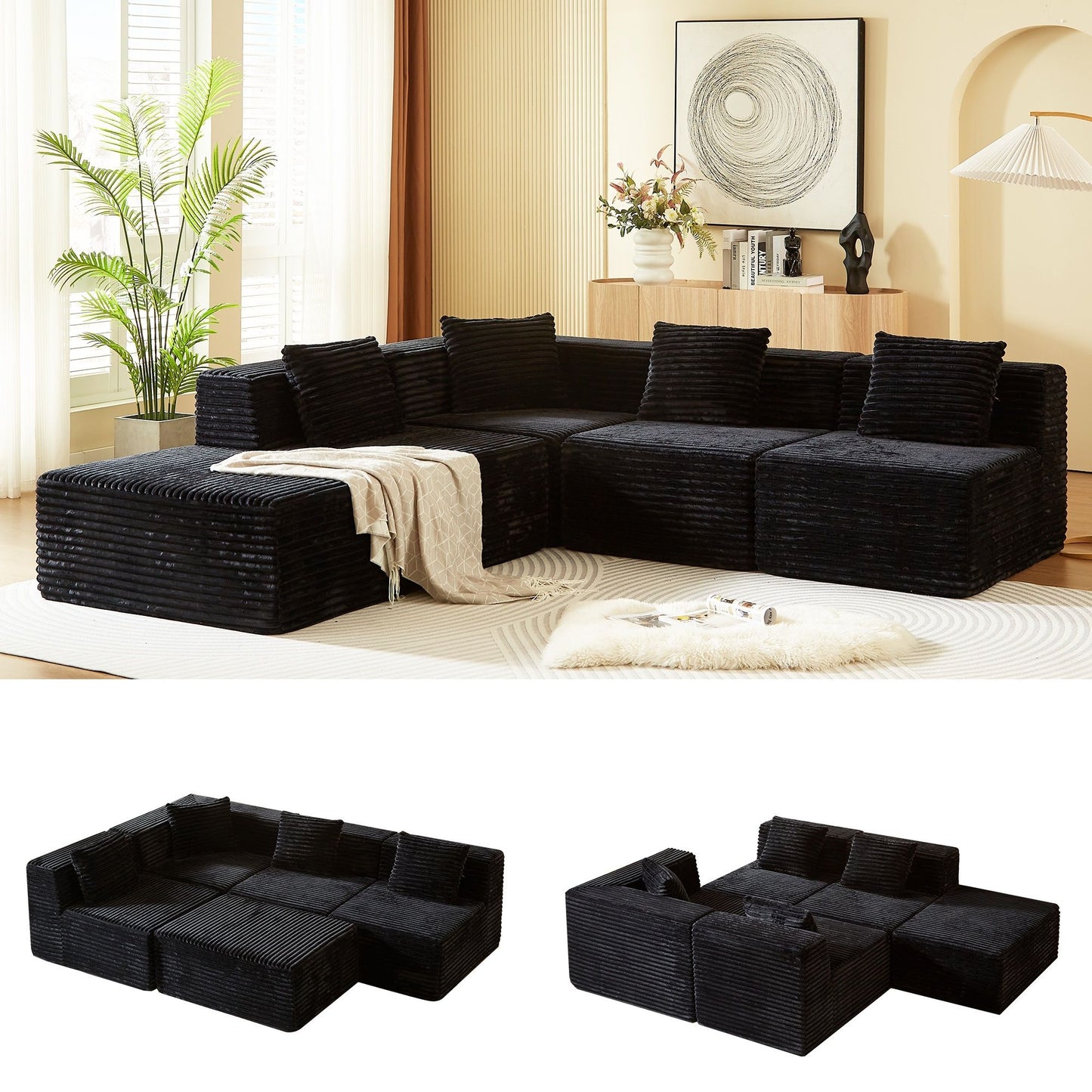 Modular Sectional Couches For Living Room With Deep Seat, L Shape Cloud Sofa Couch, High Density Memory Foam, Boneless Upholstered Couchesy - Black