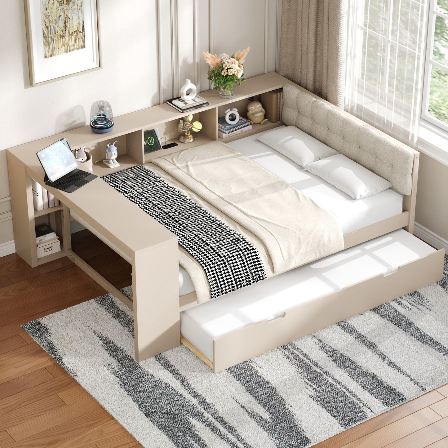 Upholstered Headboard Platform Bed With Storage Shelves, Trundle, Charging Station
