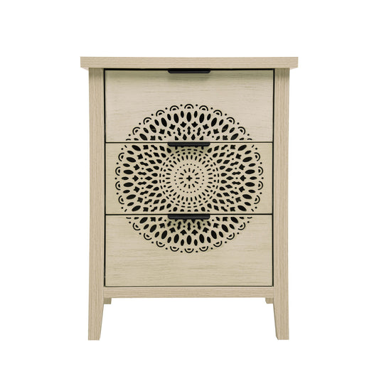 Hollow Carved 3 Drawer Cabinet Dresser Storage Chest With Metal Handles For Living Room Bedroom - Natural