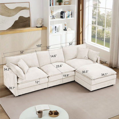 Modular L Shaped Sectional Sofa, 3 Seater Comfy Cloud Couch With Movable Ottoman