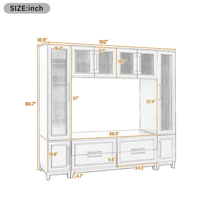 Wall Unit Entertainment Center With Glass Doors For TVs Up To 75" With Drawers For Living Room - White