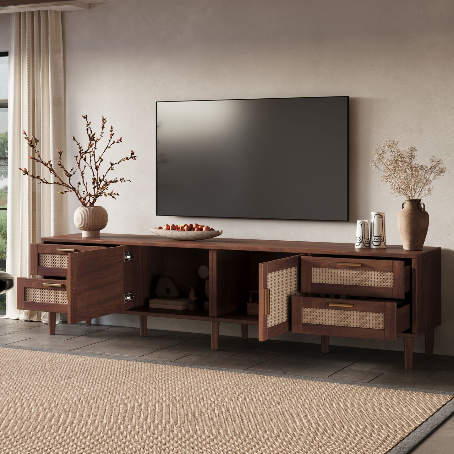 TV Stand, Media Console With 4 Drawers, Soft Closing Hinges - Dark Brown