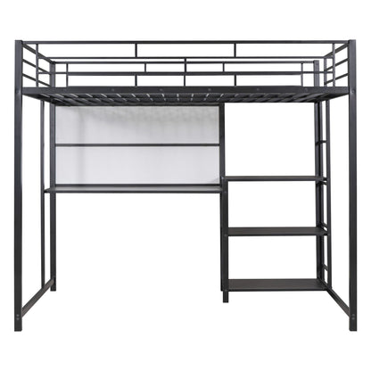 Metal Loft Bed With Desk, 3 Shelves And Ladder