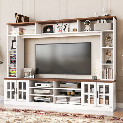 Wall Unit Entertainment Center With Bookshelves For TVs Up To 80", Tempered Glass Doors And Adjustable Shelves