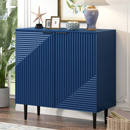 Side Cabinet With Adjustable Shelves And Geometric Door Panels - Navy Blue