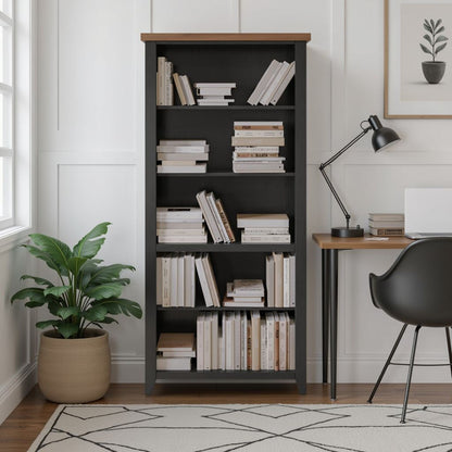 Essex - High 5 Shelf Bookcase - Black, Whiskey