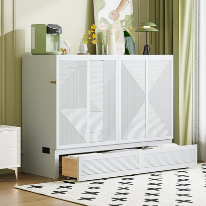 Full Size Murphy Bed With Large Drawer, USB Ports And Outlets - White