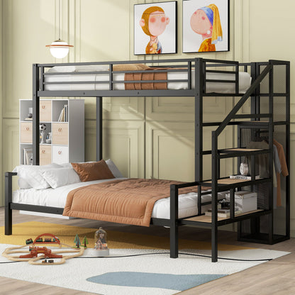 Twin Over Full Bunk Bed With Storage Staircase And Open Wardrobe - Black
