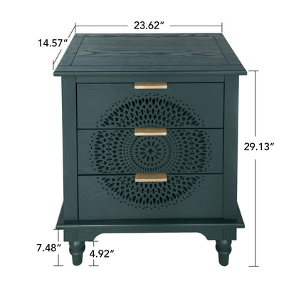 Hollow Carved 3 Drawer Dresser With Metal Handles, Storage Chest For Living Room Or Bedroom - Blackish Green