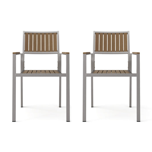 Stylish Modern Faux Wood & Aluminum Outdoor Dining Chairs, (Set of 2) - Natural
