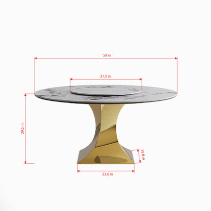 Luxury Round 59" Sintered Stone Dining Table With Stainless Steel Hourglass Base, Scratch & Heat Resistant Surface - Golden / White