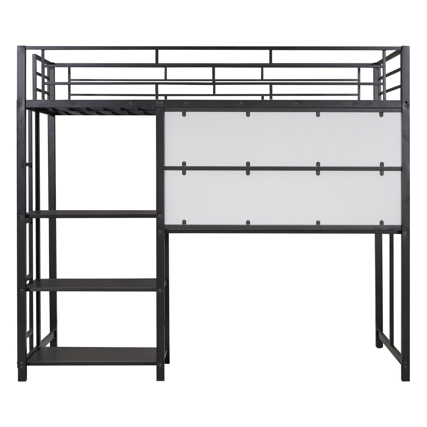 Metal Loft Bed With Desk, 3 Shelves And Ladder