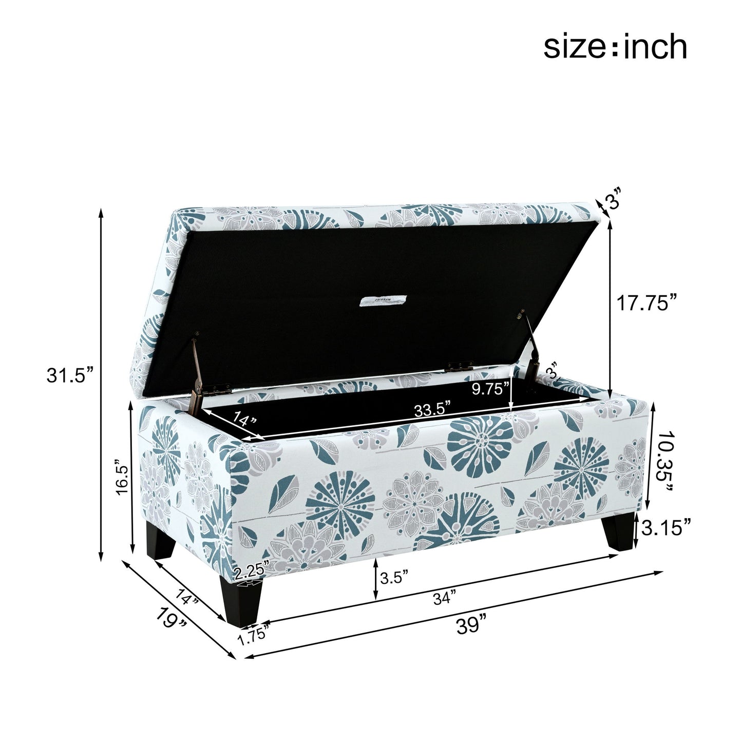Luxury Storage Ottoman With Floral Patterned Fabric, Soft-Close Hinges, Multi Functional