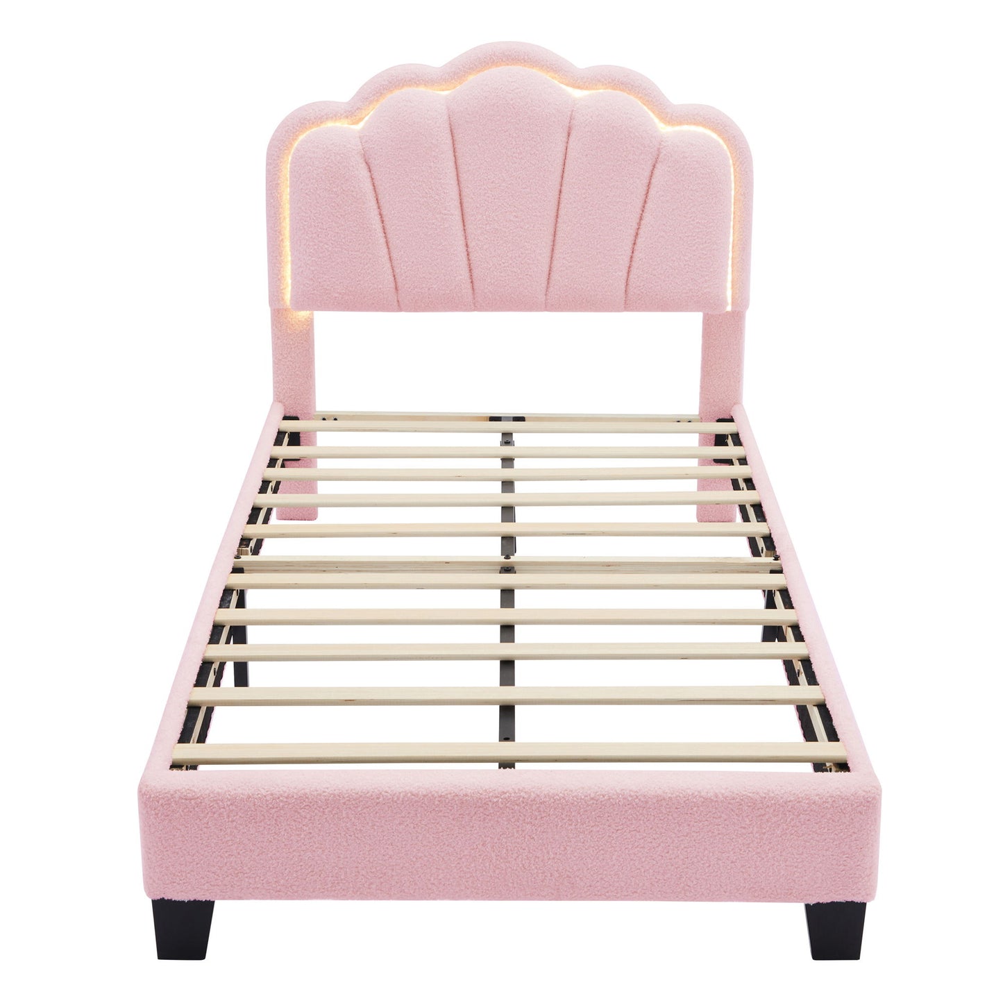 Upholstered Elegant Flowers Headboard With LED Light Strip, Platform Bed With Slats Support