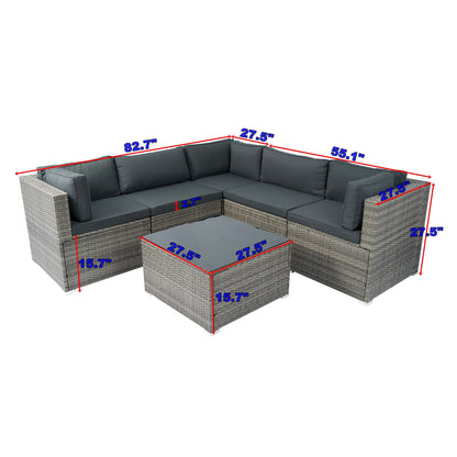 6 Pieces PE Rattan Sectional Outdoor Furniture Cushioned Sofa Set Wicker - Gray