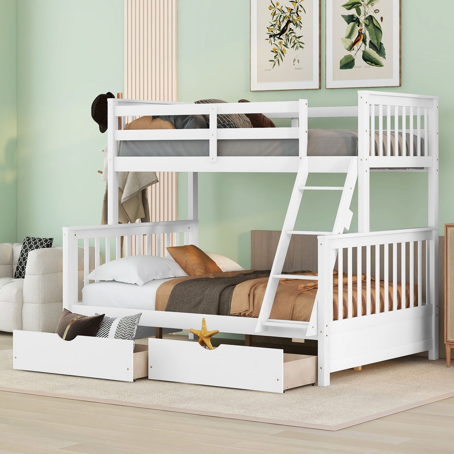 Bunk Bed With Ladders And 2 Storage Drawers