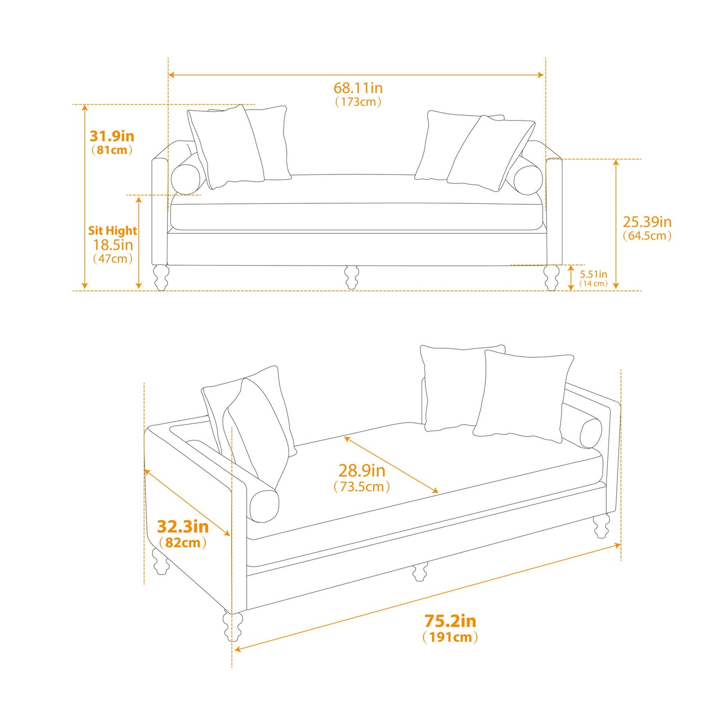 Upholstered Chaise Lounge Indoor With Nailheads, Sleeper Sofa Couch With 4 Throw Pillows & 2 Bolsters, Daybed With Rubberwood Legs