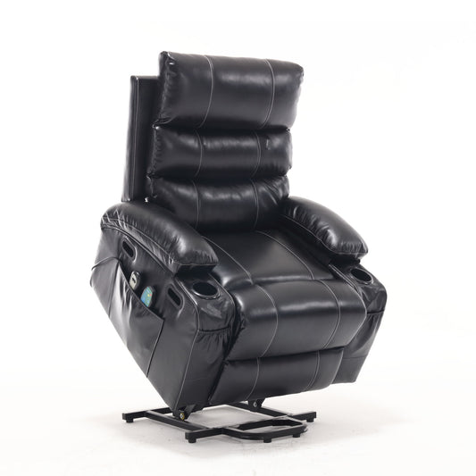 Large Size Electric Power Lift Recliner Chair Sofa, 8 Point Vibration Massage And Lumber Heat, Remote Control, Side Pockets And Cup Holders - Black