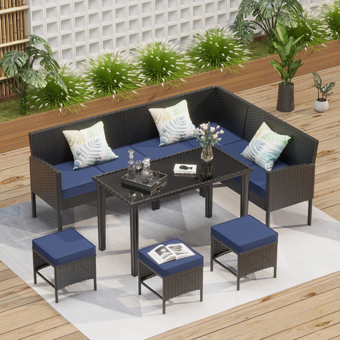 7 Piece Outdoor Furniture Set Waterproof Cushions Glass Table