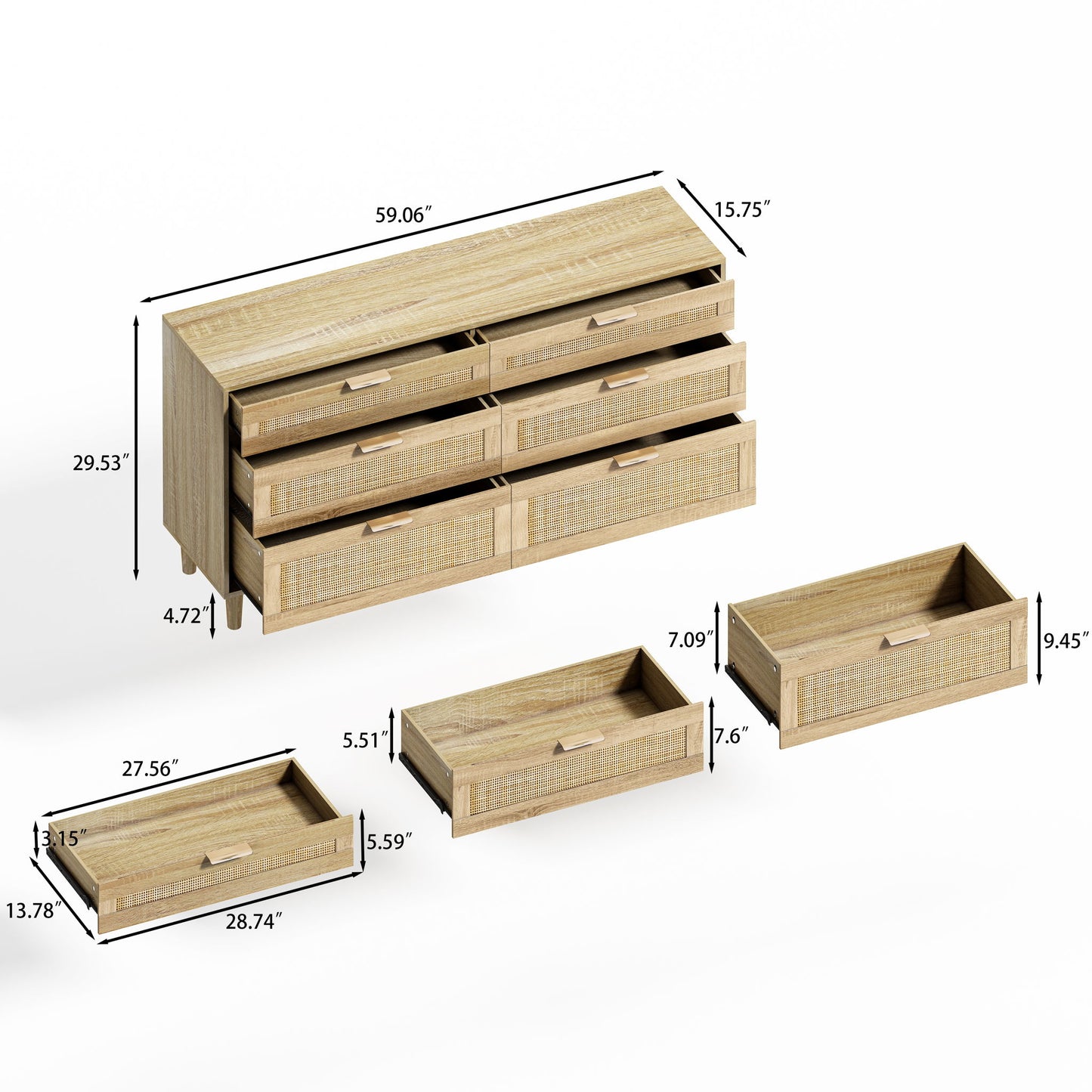 Rattan Dresser With 6 Drawers, Legs & Handles, Storage Cabinet - Natural