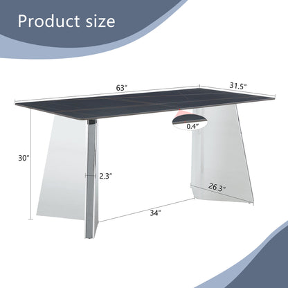 Modern Marble Patterned Dining Table With Stainless Steel Butterfly Legs, Scratch And Heat Resistant - Black / Silver