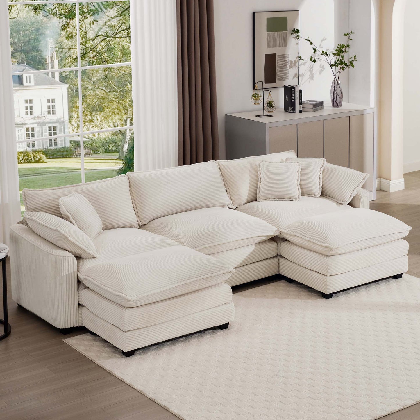 Modern Oversized Modular Cushion Sofa With Ottoman, Low Back, Deep Seating Sofa Set
