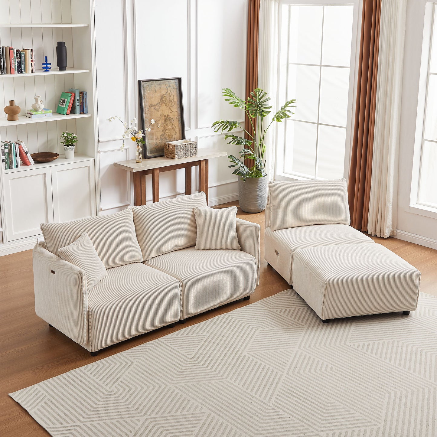 Modern Minimalist Corduroy Combination Sofa With 2 Comfort Cushions With USB & C Charging Ports