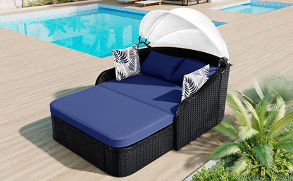 Outdoor Sunbed With Adjustable Canopy, Double Lounge, Daybed - Black / Blue