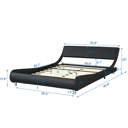 Queen Size Upholstered Platform Bed Frame With LED Lighting, Curve Design, Slat Support, No Box Spring Needed - Black